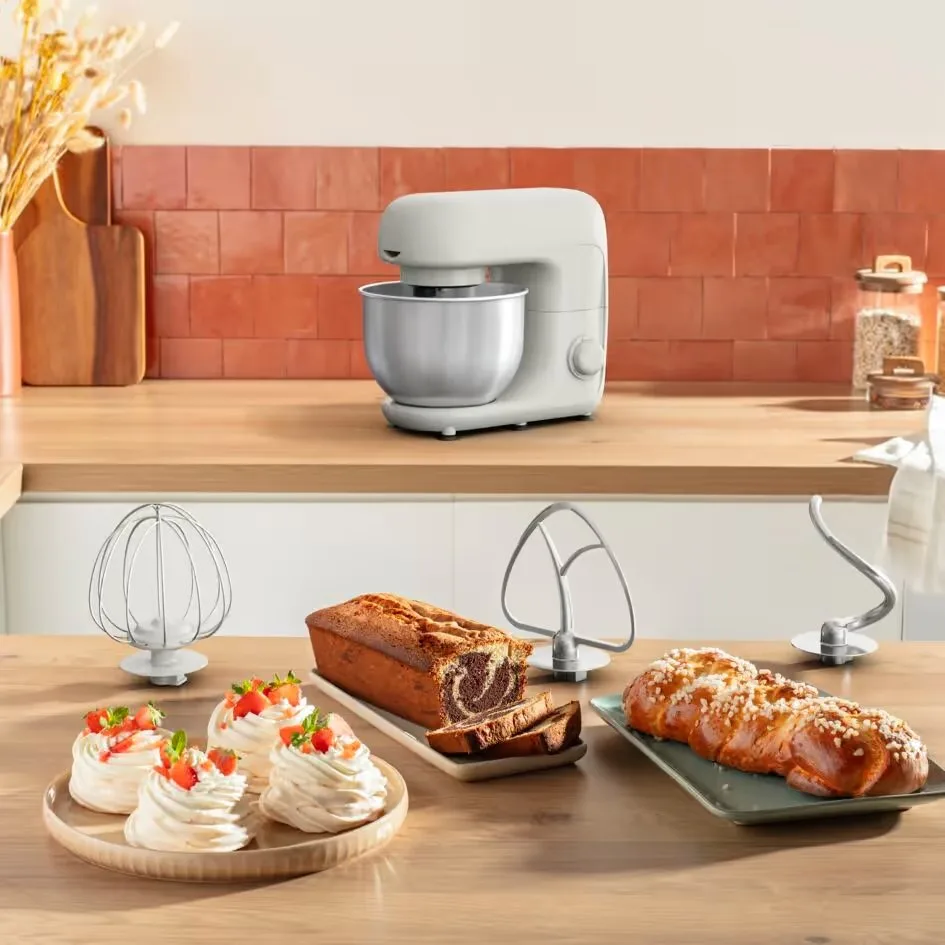 Планетарний міксер Tefal Bake Essential 800 Вт, 3 насадки, нержавіюча чаша 4.8 л, білий.