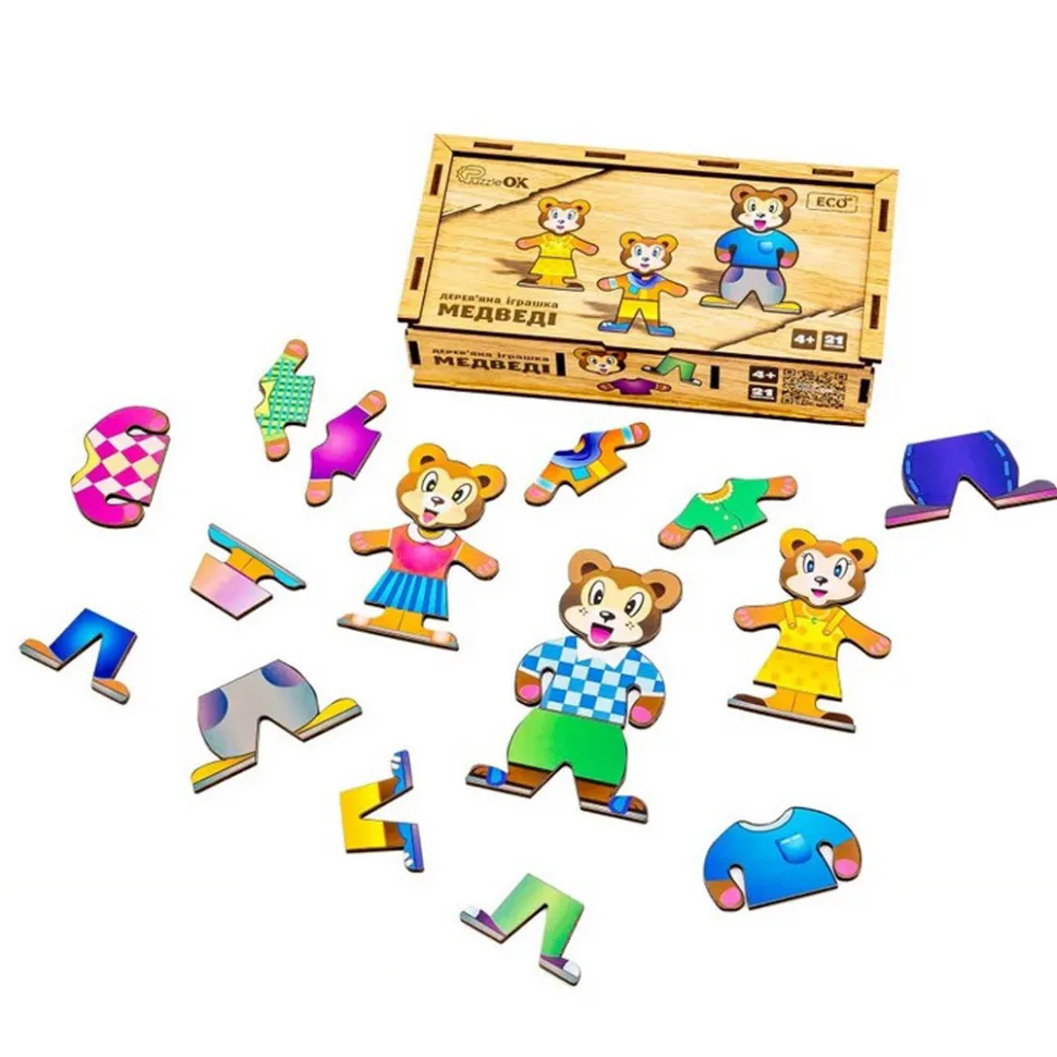 Дерев'яна настільна гра PuzzleOK з натурального дерева для дітей 3 ведмедики різного розміру