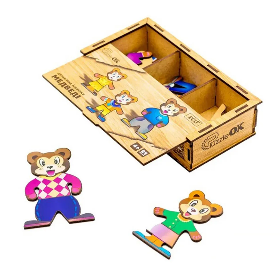 Деревянная настольная игра PuzzleOK из натурального дерева для детей 3 мишки разного размера