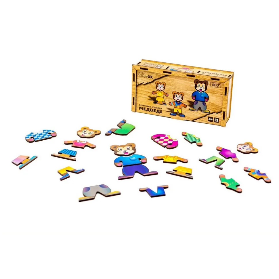 Деревянная настольная игра PuzzleOK из натурального дерева для детей 3 мишки разного размера