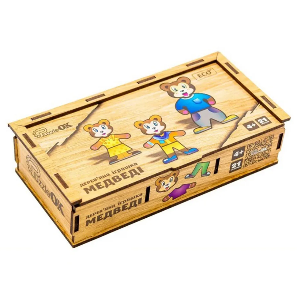 Деревянная настольная игра PuzzleOK из натурального дерева для детей 3 мишки разного размера