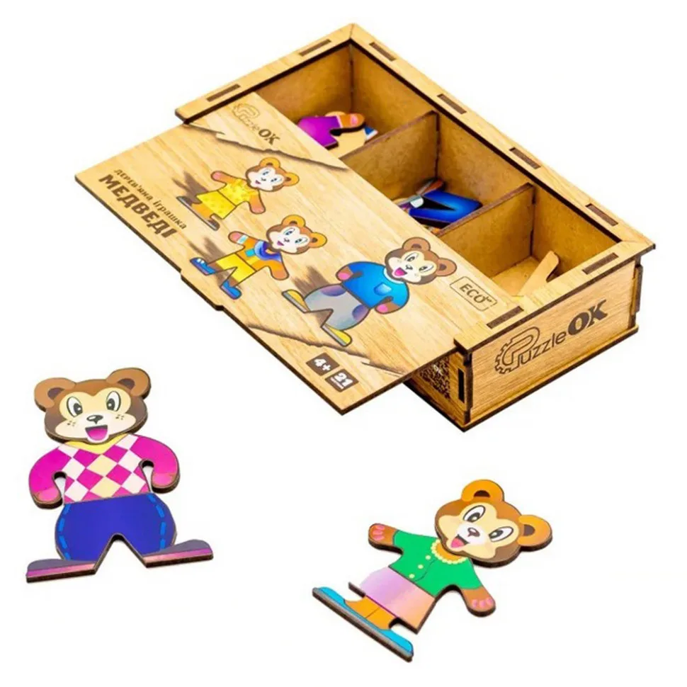 Деревянная настольная игра PuzzleOK из натурального дерева для детей 3 мишки разного размера
