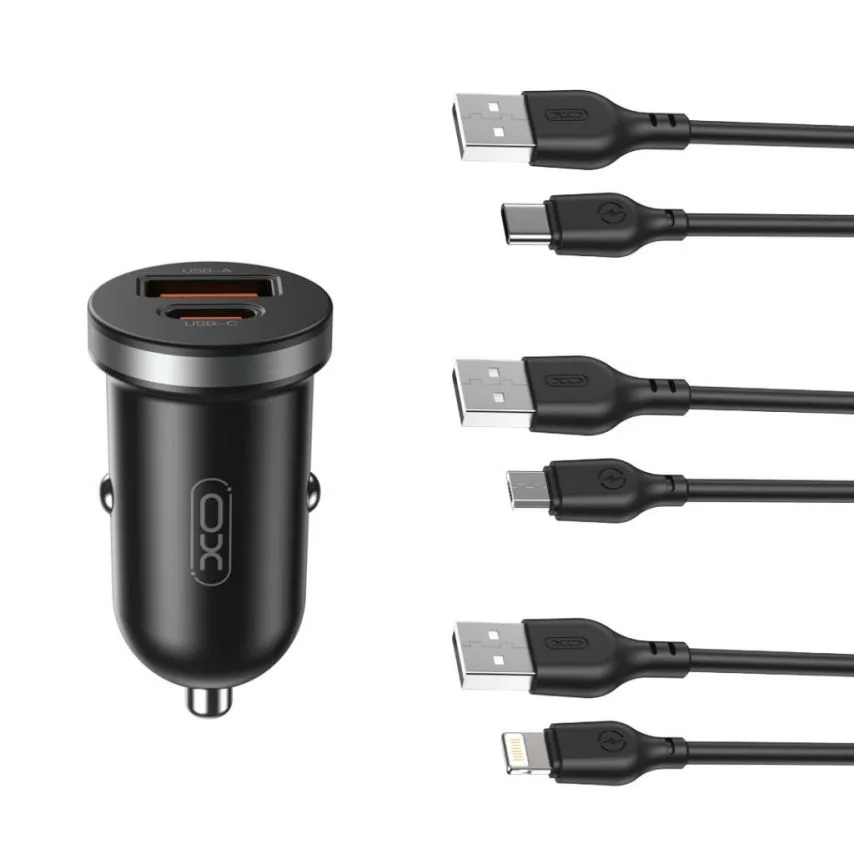Автомобільний зарядний пристрій XO метал 30W чорний з кабелем USB to Lightning