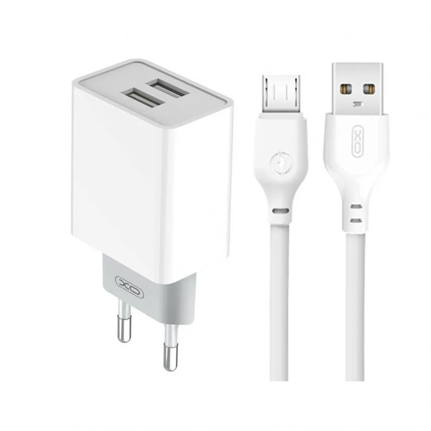 Мережевий зарядний пристрій XO адаптер 2USB 2.4A білий з кабелем Micro 1м
