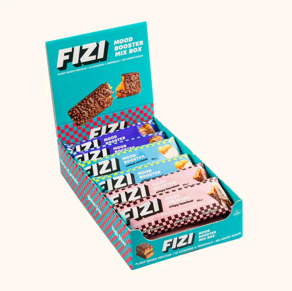 FIZI Mood Booster 12x40g Змішаний набір батончиків Солона карамель Шоколадний хруст Міцний лісовий горіх