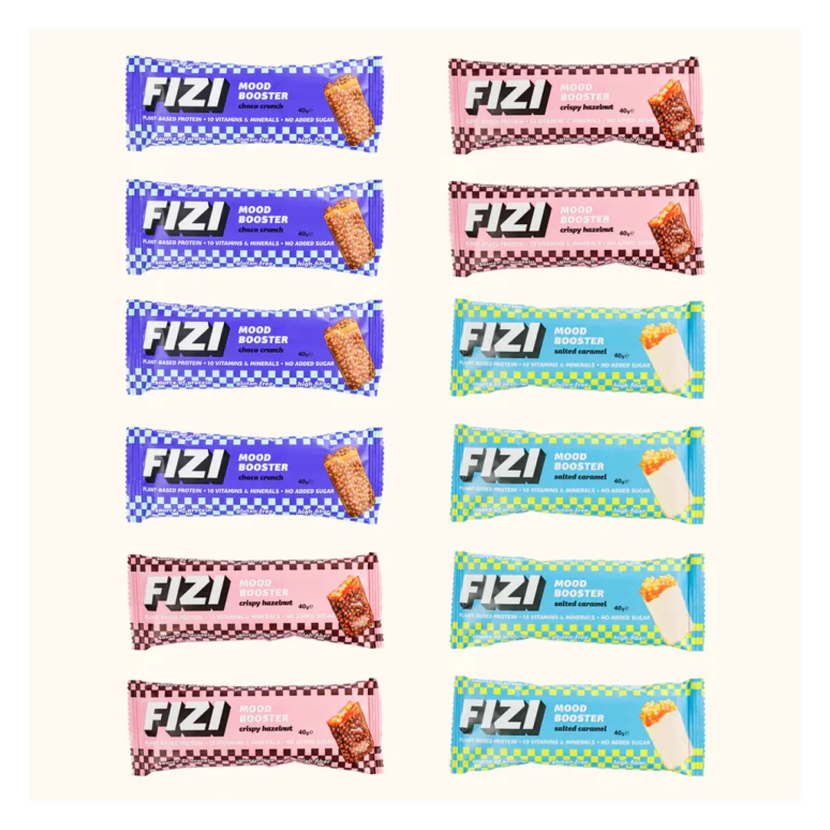 FIZI Mood Booster 12x40g Змішаний набір батончиків Солона карамель Шоколадний хруст Міцний лісовий горіх