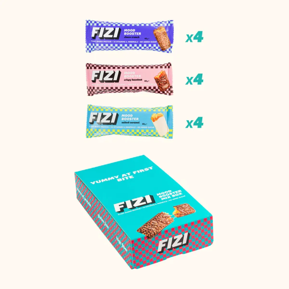 FIZI Mood Booster 12x40g Змішаний набір батончиків Солона карамель Шоколадний хруст Міцний лісовий горіх