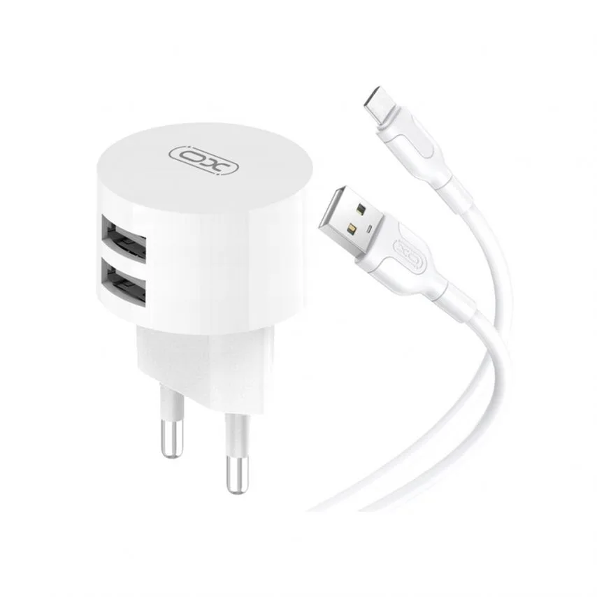 Мережевий зарядний пристрій XO адаптер 2USB 2.4A з кабелем Type-C білий 1м