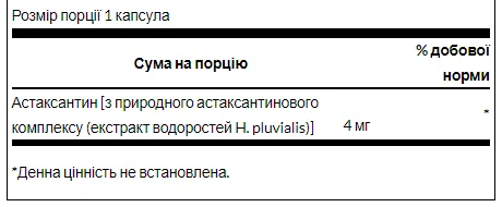 Астаксантин 4 мг 60 капсул Swanson екстракт водоростей H pluvialis антиоксидант
