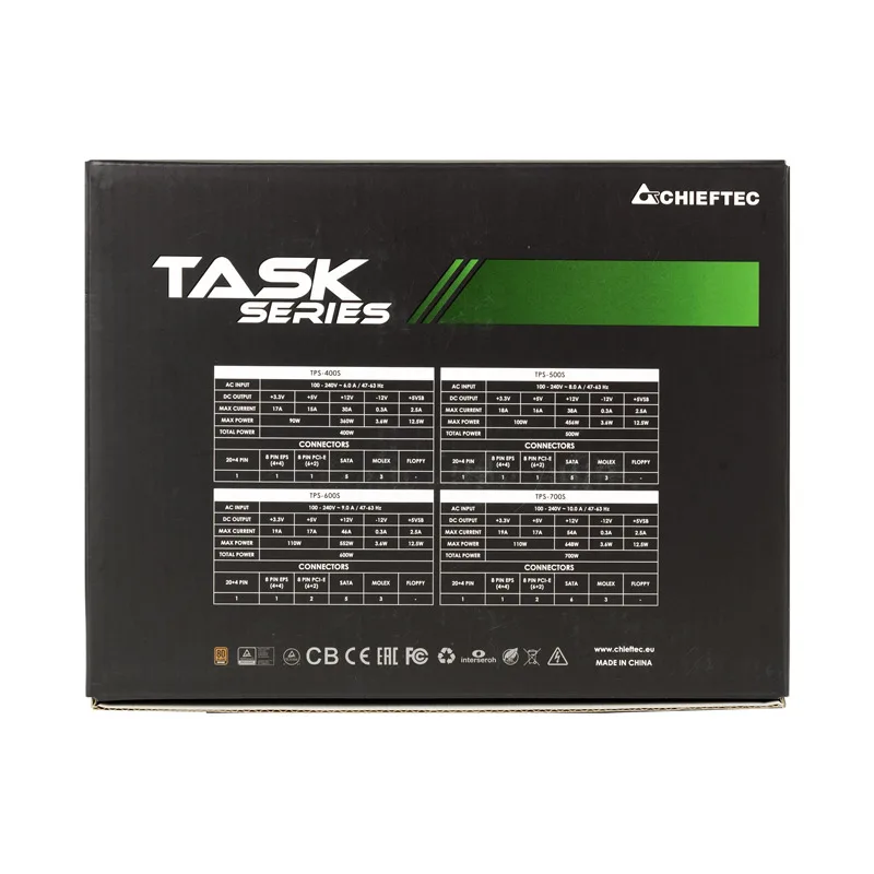 Блок живлення CHIEFTEC Task  (600W), >85%, 80+ Bronze, 120мм, 1xMB 24pin(20+4), 1xCPU 8pin(4+4), 3xMolex, 5xSATA, 2xPCIe 8pin(6+2)