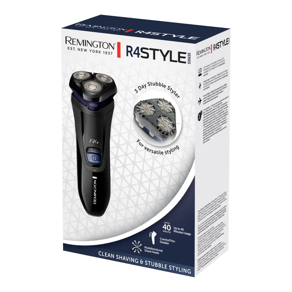 Електрична роторна бритва Remington R4 Style Series з трьома бритвяними головками, для сухого гоління, з тримером, чорного та синь