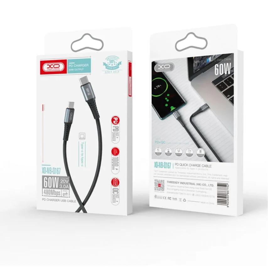 Кабель USB Type-C до Type-C XO тканинний 1м 60W чорний