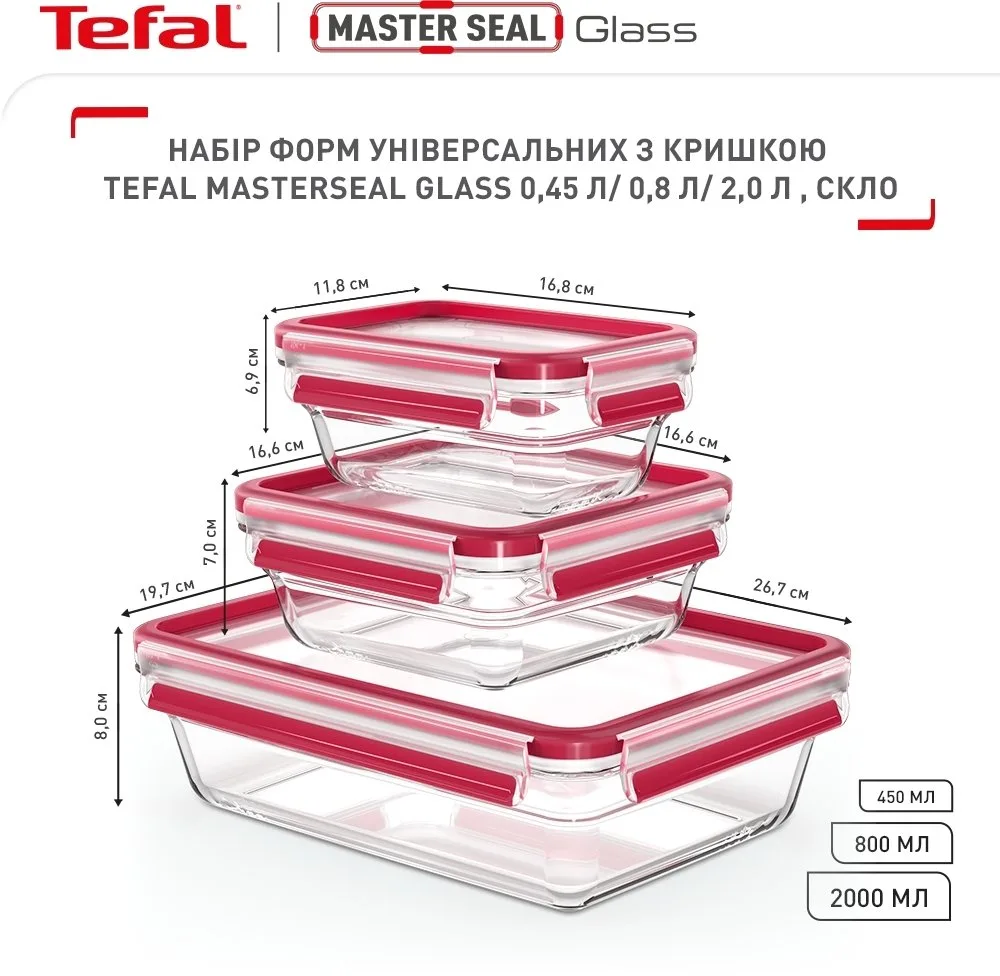 Набір скляних контейнерів Tefal Master Seal, 3 шт, жаростійке, прозоре.