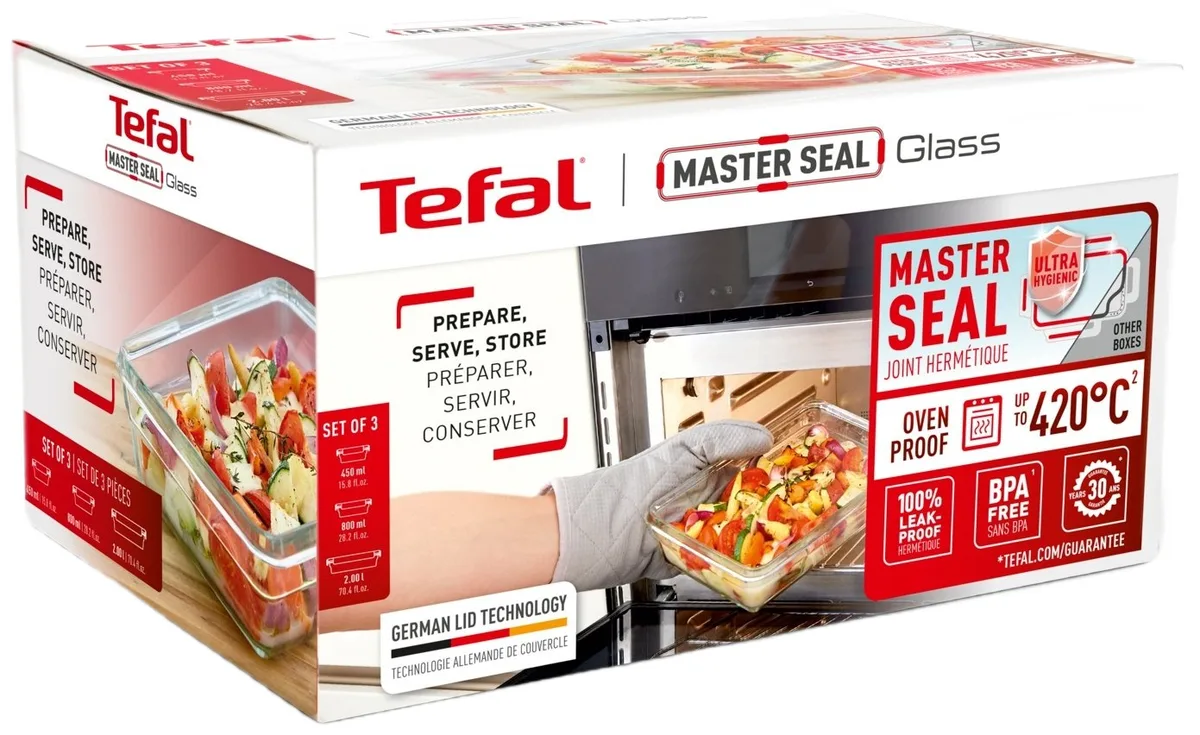 Набір скляних контейнерів Tefal Master Seal, 3 шт, жаростійке, прозоре.