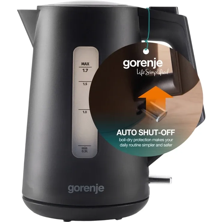 Електричний чайник Gorenje 1.7л з контролем Strix, чорний матовий.