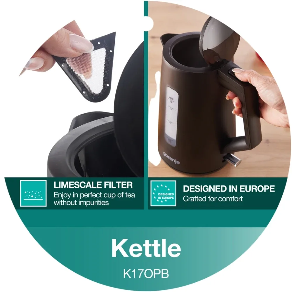 Електричний чайник Gorenje 1.7л з контролем Strix, чорний матовий.