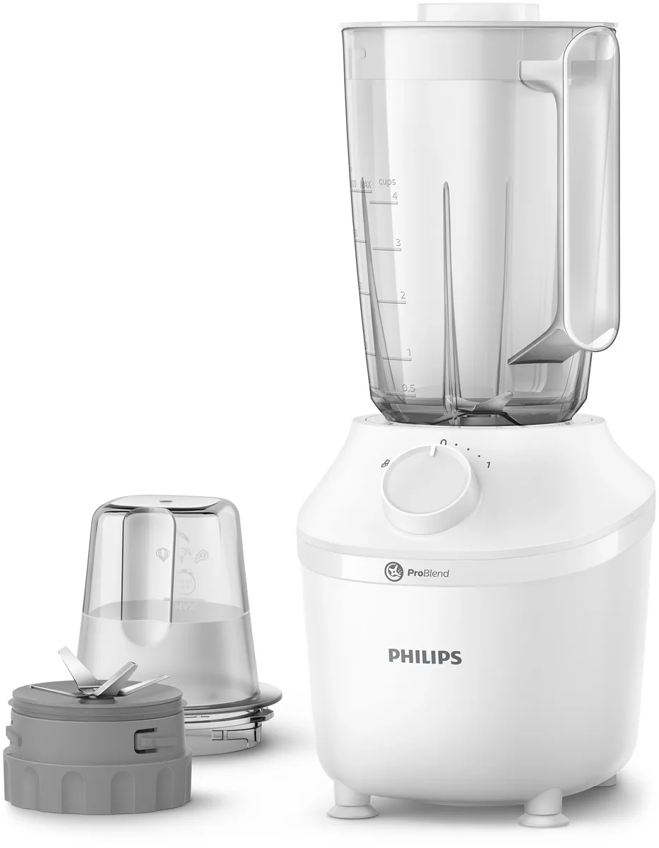 Блендер Philips стаціонарний 3000 серії 450 Вт, ємність чаші 1900 мл, подрібнювач, імпульсний режим, білий.