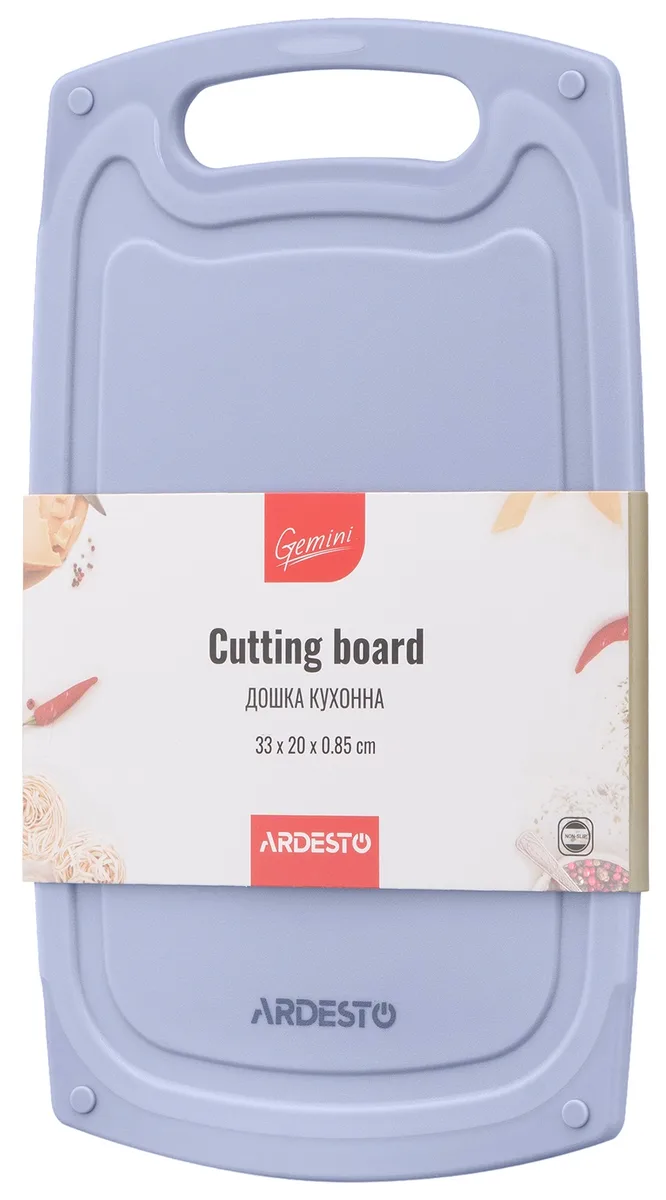 Дошка для нарізки ARDESTO Gemini, 33x20x0.85 см, пластиковий матеріал, сірого кольору.