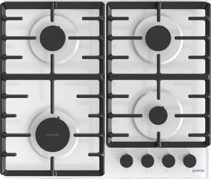 Газова варильна панель Gorenje на скляній основі, 60 см, з чавунними решітками, біла.