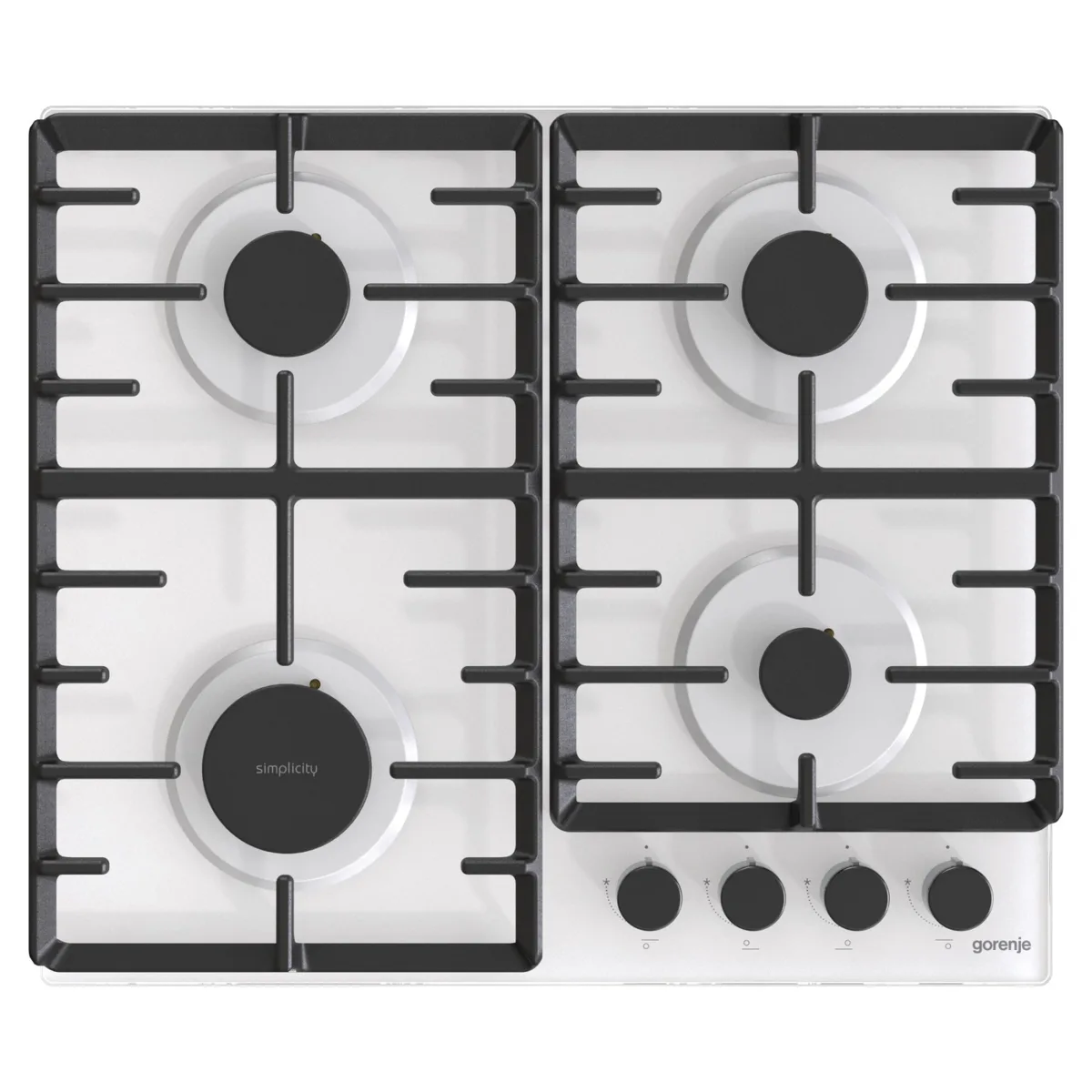 Газовая варочная панель Gorenje на стеклянной основе, 60 см, с чугунными решетками, белая
