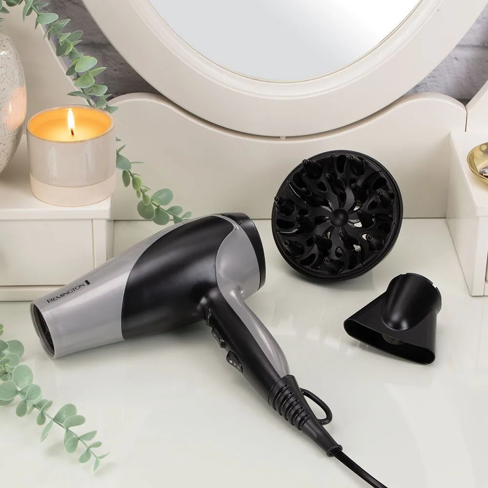 Фен Remington Ionic Dry, 2200Вт, 3 швидкості, дифузор, турмалінова іонізація, холодний обдув, сіро-чорний.