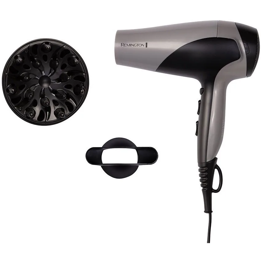 Фен Remington Ionic Dry, 2200Вт, 3 швидкості, дифузор, турмалінова іонізація, холодний обдув, сіро-чорний.