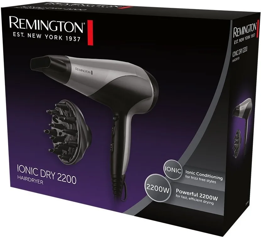 Фен Remington Ionic Dry, 2200Вт, 3 швидкості, дифузор, турмалінова іонізація, холодний обдув, сіро-чорний.