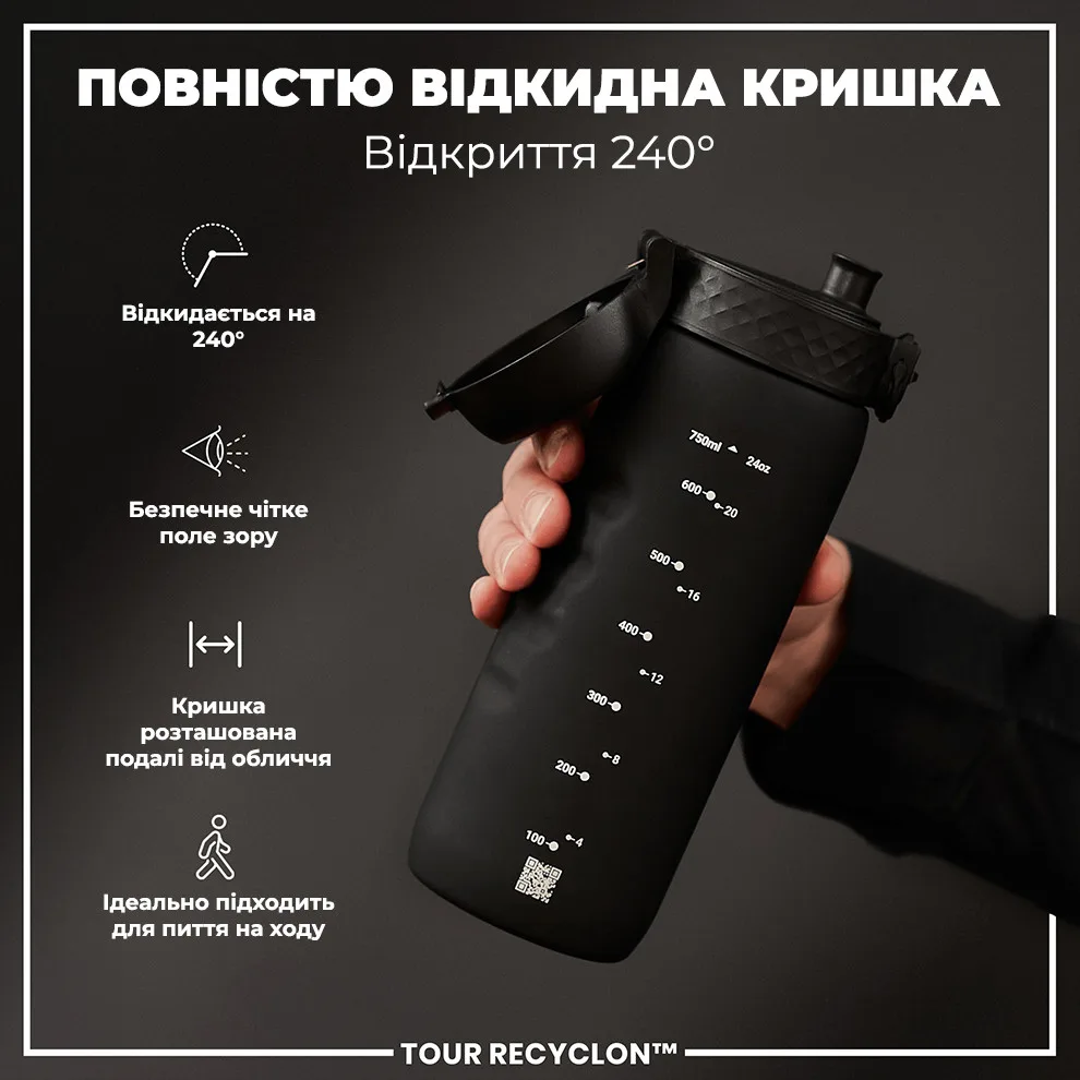 Пляшка для води ION8 Recyclon 750 мл Чорна BPA Free