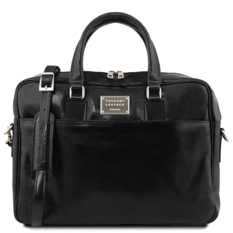 Кожаный портфель для ноутбука Tuscany Leather чорний з переднім карманом сумка для роботи та навчання.