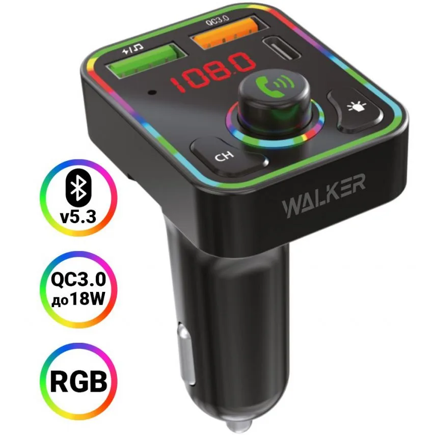 FM-трансмітер WALKER чорний USB Type-C Bluetooth 5.3 25W