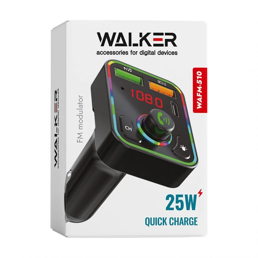 FM-трансмітер WALKER чорний USB Type-C Bluetooth 5.3 25W
