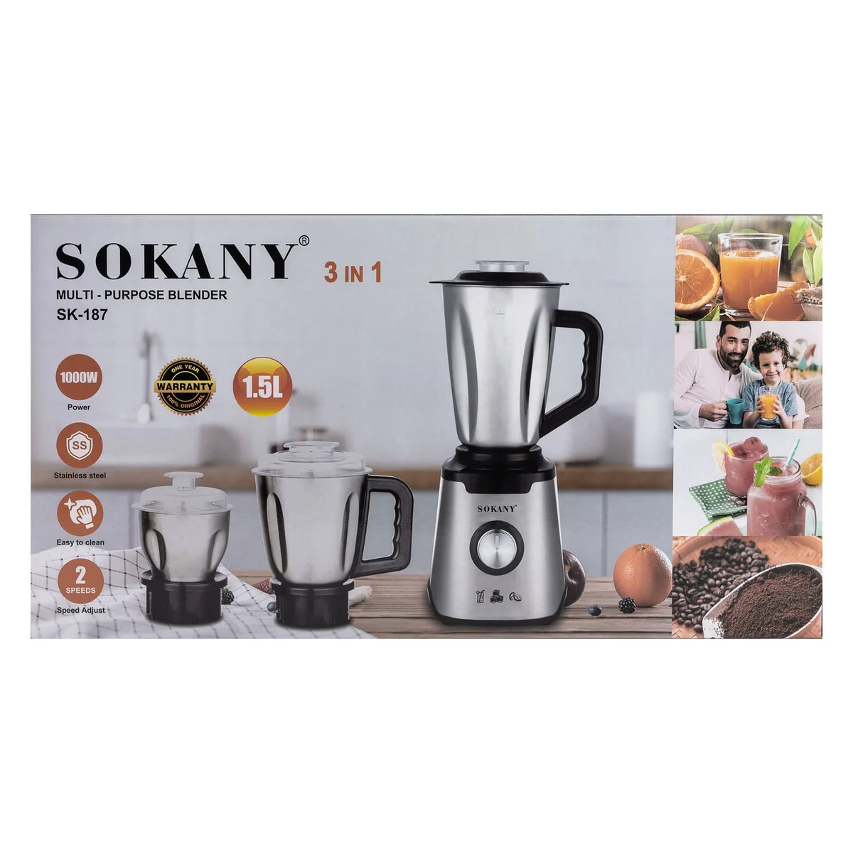 Блендер Sokany металевий 1.5 л сріблястий з кавомолкою 1000 Вт 2 швидкості