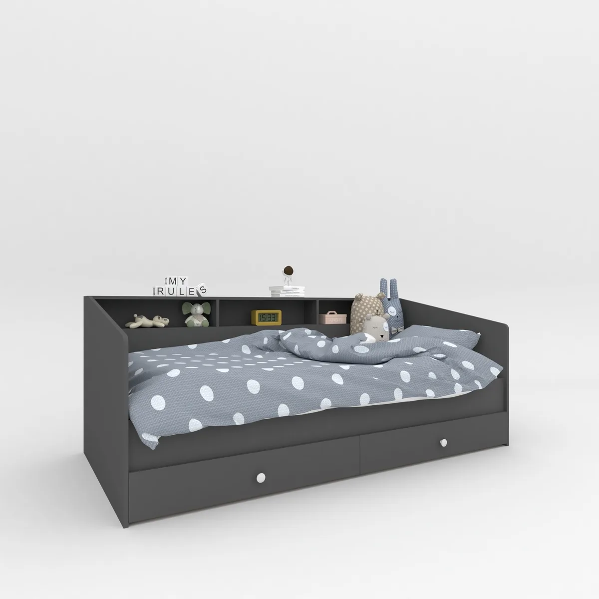 Детская кровать с ящиками Sleep well односпальная антрацитовая для подростка с деревянным основанием ламели