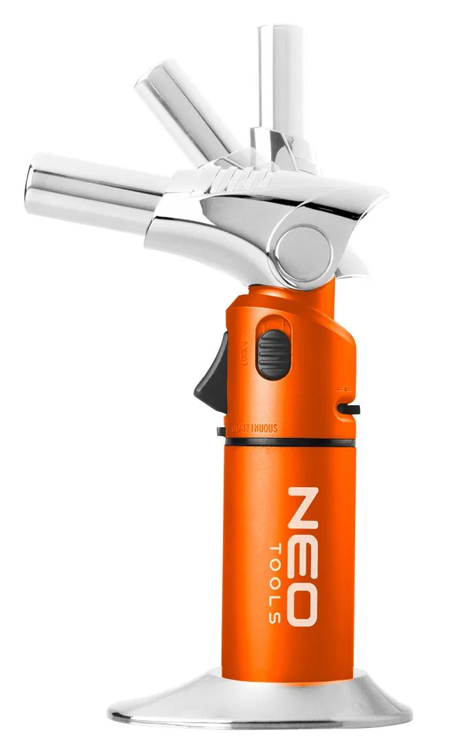 Газовий паяльник Neo Tools з температурою до 1350°C, паливо 7.8 г, з поворотним п’єзозапалюванням.