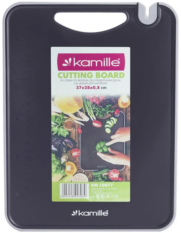 Роздільна дошка Kamille пластик 37х28х0,8 см чорна з точилкою для ножів