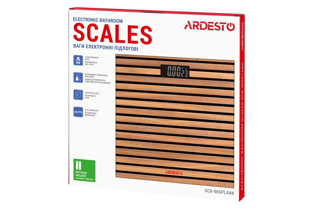 Ваги ARDESTO підлогові Plank, 150 кг, AAAx2 в комплекті, скляні, кольорові.