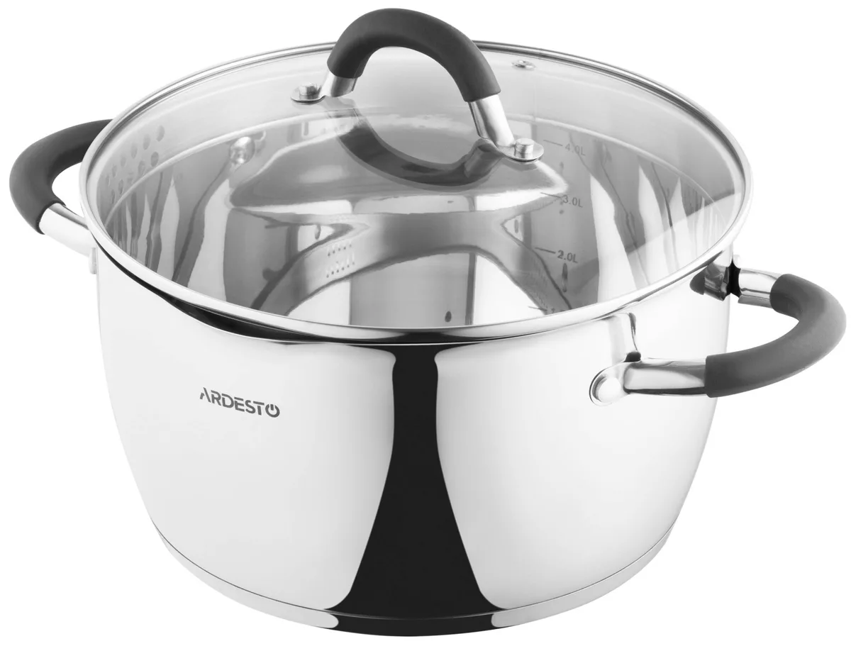 Каструля з прозорою кришкою та зливом ARDESTO Gemini Livorno, 5.5л, з нержавіючої сталі та силікону.