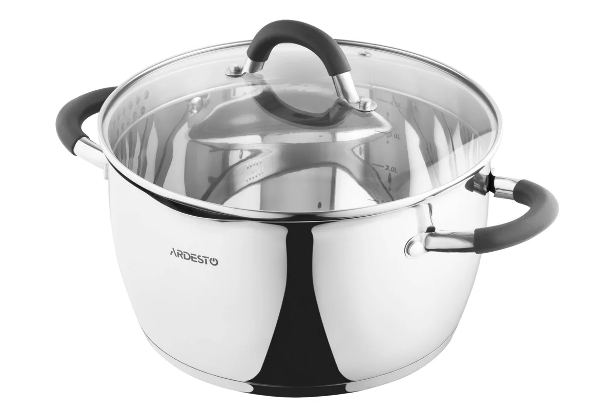Каструля з прозорою кришкою та зливом ARDESTO Gemini Livorno, 5.5л, з нержавіючої сталі та силікону.