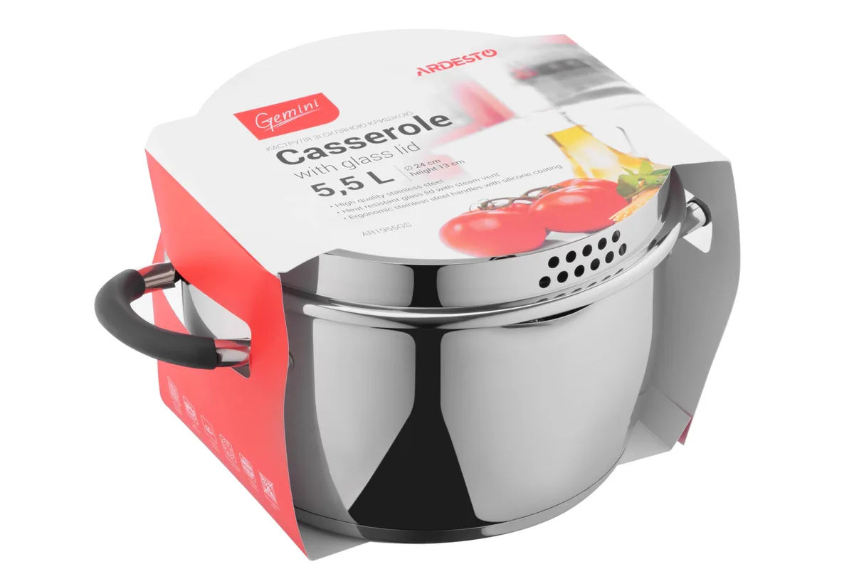 Каструля з прозорою кришкою та зливом ARDESTO Gemini Livorno, 5.5л, з нержавіючої сталі та силікону.