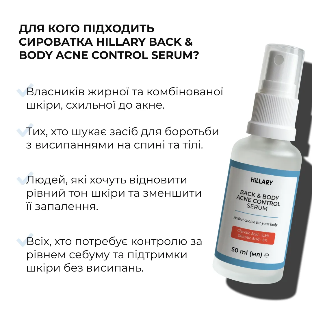 Комплекс потрійного удару проти акне на тілі з саліциловою кислотою Hillary Triple-Action Body Acne Control Co
