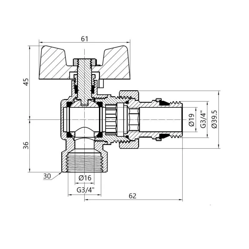 Кран шаровый угловой 3/4" с антипротечкой латунный Thermo Alliance Standart