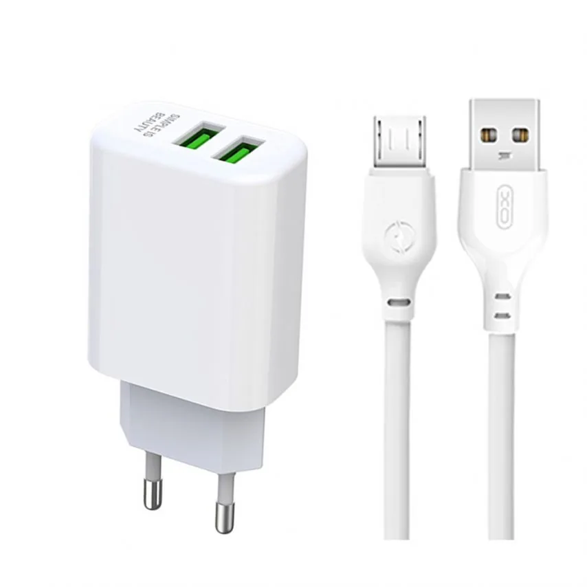 Мережевий зарядний пристрій XO 2USB 2.4A з кабелем Micro 1м Білий