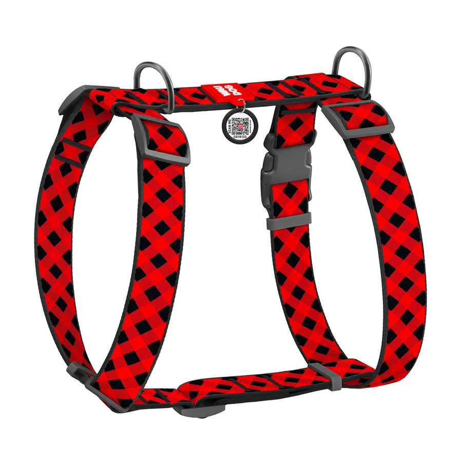 Шлея анатомічна H-подібна WAUDOG Nylon 35 мм червона шотландка XL 55-95 см