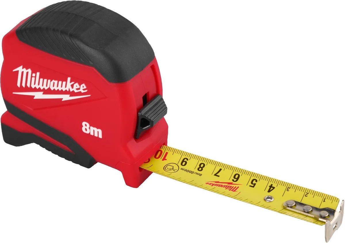 Рулетка Milwaukee Pro Compact, 8м х 25 мм, з механізмом фіксації, з АБС-пластиковим корпусом.