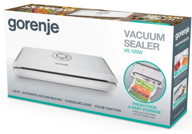 Вакуумный упаковщик Gorenje, 120 Вт, 30 см, электронное управление, +10 пакетов, пластиковый, белый