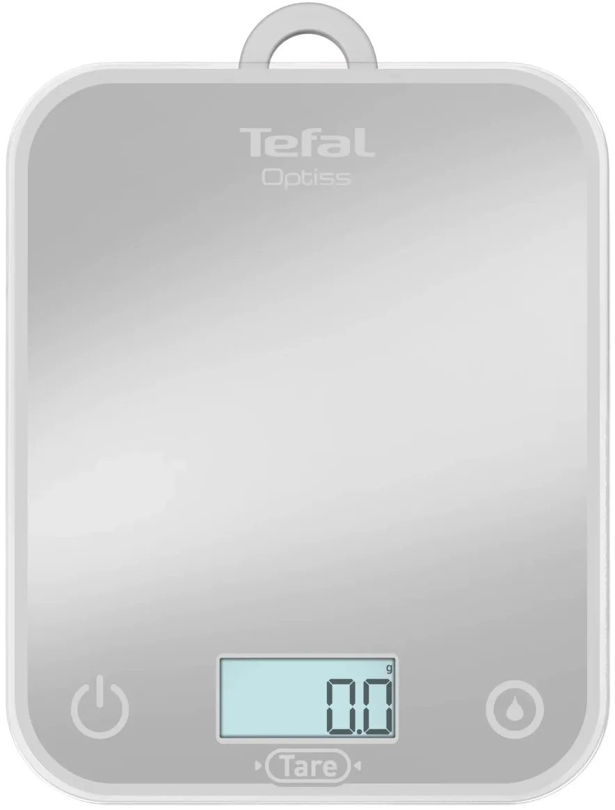Кухонні ваги Tefal Optiss, 5 кг, з двома батарейками AAA в комплекті, скляний корпус, сріблястого кольору.