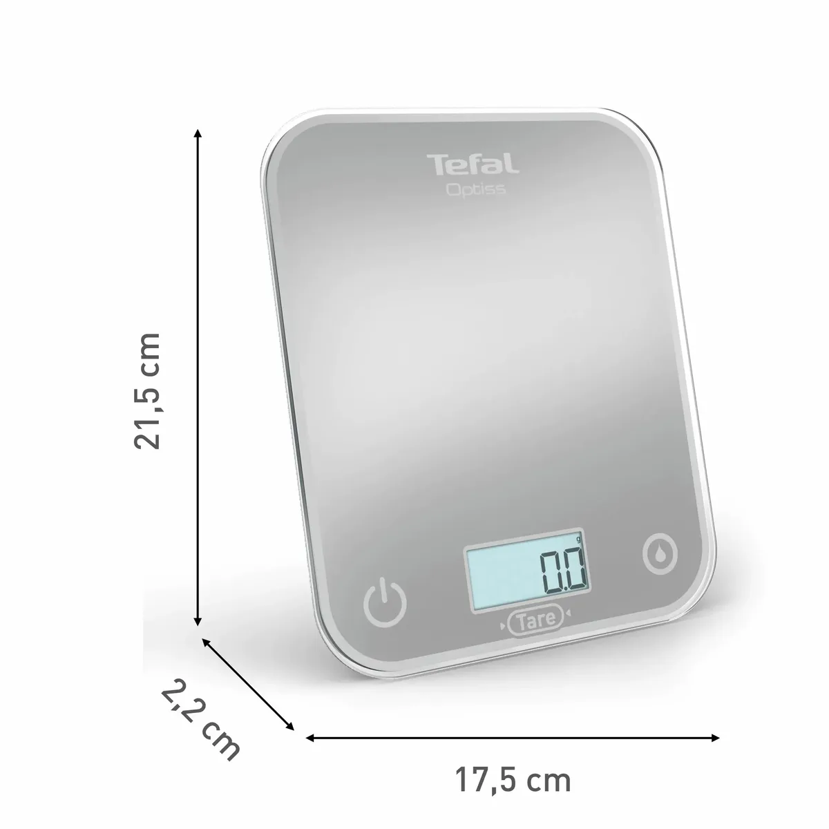 Кухонні ваги Tefal Optiss, 5 кг, з двома батарейками AAA в комплекті, скляний корпус, сріблястого кольору.