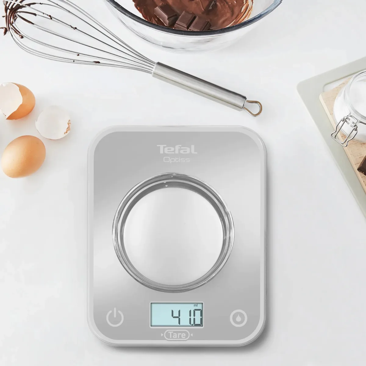 Кухонні ваги Tefal Optiss, 5 кг, з двома батарейками AAA в комплекті, скляний корпус, сріблястого кольору.