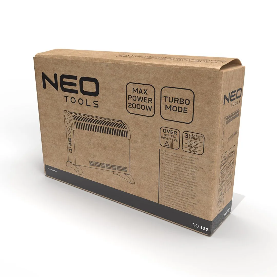 Конвектор Neo Tools, 25 м2, 2000 Вт, механічне управління, з терморегулятором, відкритий нагрівальний елемент, білий.