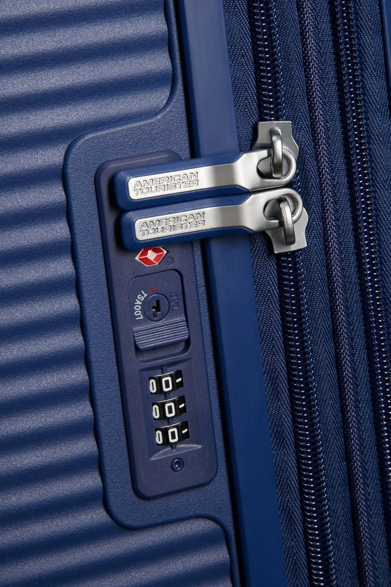 Валіза American Tourister, Soundbox, поліпропілен, велика, 77см,  97/110л, TSA, 4 колеса, EXP, темно-синій